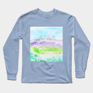 Summer landscape, valley, beautiful nature. Encaustic, art decoration, sketch. Long Sleeve T-Shirt